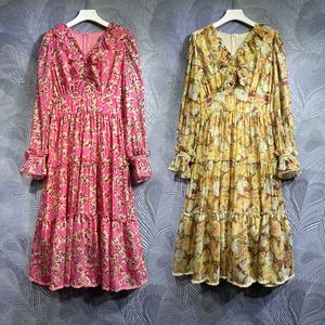Casual jurk v-neck zijden katoen bloemenprint rok, herfst nieuwe lantaarn mouwen, taille omhoog, met een slank temperament lange rok