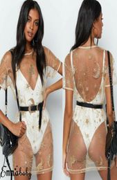 Robe décontractée femme Gold Sequin Moon Star Print Mesh Mini Bikini Cover Up Summer Sexy Short Sleeve Clubwear8761962