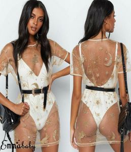 Casual jurk damesgouden gold pexin star print mesh mini bikini cover up zomer sexy short mouw clubwear9947134
