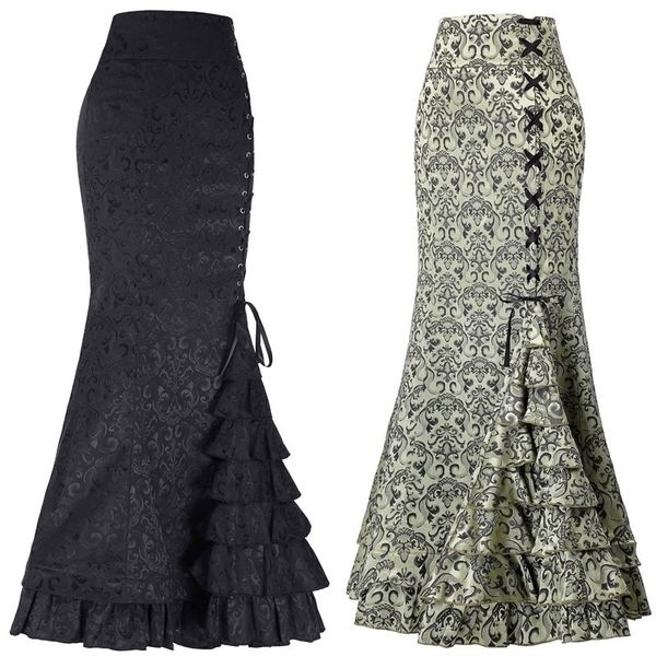 Robe décontractée Mode Style Punk Rétro Jacquard Sirène Jupe Halloween Gothique Victorien Steampunk Longue Moulante À Volants Queue De Poisson À Plusieurs Niveaux 230317