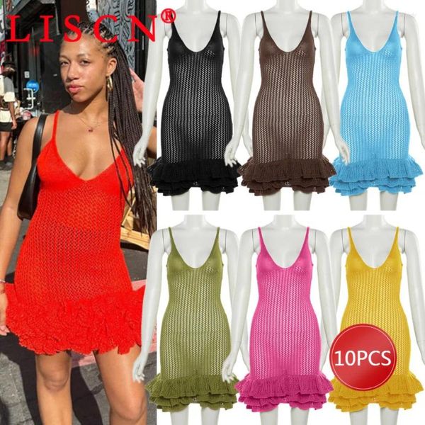 Vestidos informales 10 artículos a granel Lotes al por mayor Summer 2024 Knitting Spaghetti Strap Rufflers Mini Dress Sexy Y2K Women Clothing K12045