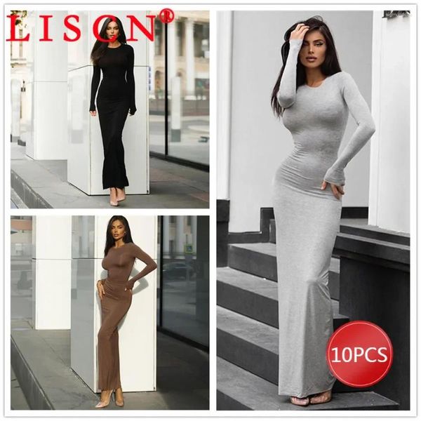 Robes décontractées 10 articles en vrac Lots en gros queue de poisson automne 2024 manches longues couleur solide bodycon maxi robe sexy femme vêtements k12420