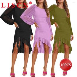 Robes décontractées 10 pièces articles en vrac gros lots été 2023 à manches longues Falbala maille Sexy robe mi-longue solide femmes vêtements K11885