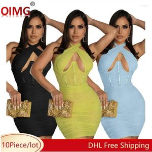 Casual jurken 10 Groothandel sexy Backless Summer Women Mesh Hollow Out Dress Bodycon Halter Neck Mini Rok Party Night Club Wear 7193