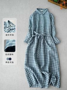 Casual jurken 106-110 cm Buste / lente zomer vrouwen losse geruit comfortabel natuurlijk ademend water gewassen linnen