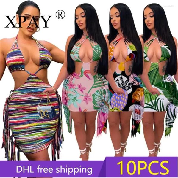 Robes décontractées 10pcs objets en vrac lots en gros sexy sans dos pour les femmes 2024 Fashion imprimé à filet enveloppe hanche mini-robe y2k x9769