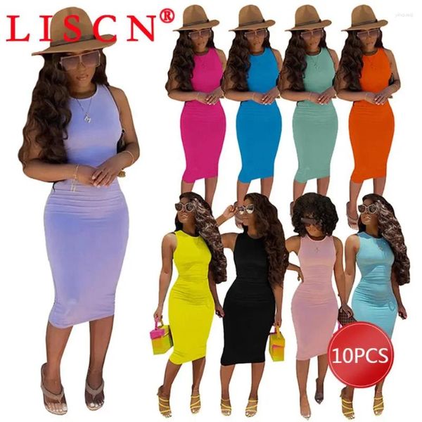 Vestidos casuales 10pcs artículos a granel lotes al por mayor Vestido de bodycon para mujeres verano 2024 sin mangas sexy y2k color sólido O-cuello maxi k11088