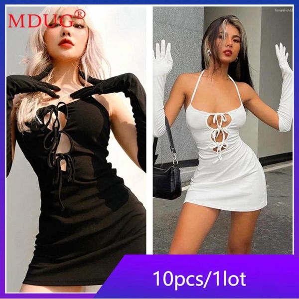 Robes décontractées 10pcs objets en vrac Lots en gros robe pour femmes sexy hollow halter lace-up Vestidos avec gants club robes de fête M12962