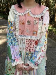 Robes décontractées 118 cm buste printemps automne femme sweet mori kei fille lâche plus taille floral brodered dentelle patchwork confortable coton
