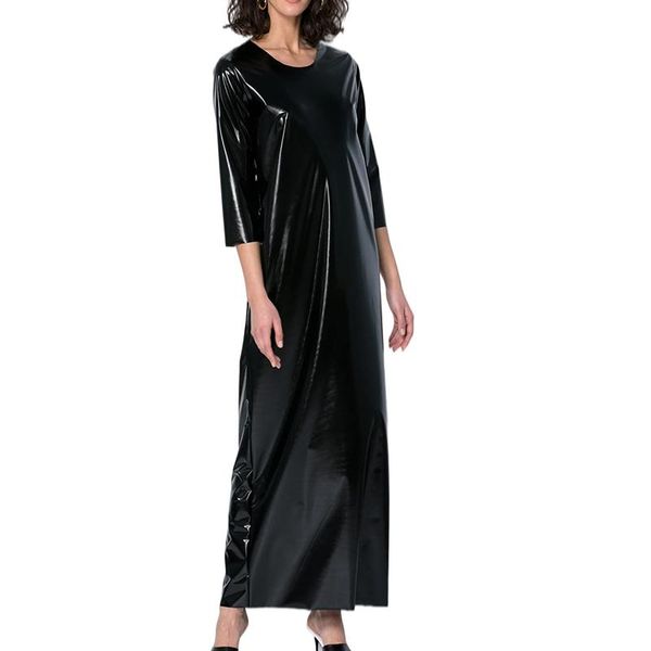 Robes décontractées 15 couleurs femmes PVC maxi robe trois quarts manches col rond faux cuir longue punk mode fête club pôle danse costumes