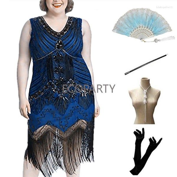 Vestidos casuales 1920s Flapper Dress Great Gatsby Party Evening Lentejuelas vestido con flecos con accesorios 20s 5-PCS Set de gran tamaño