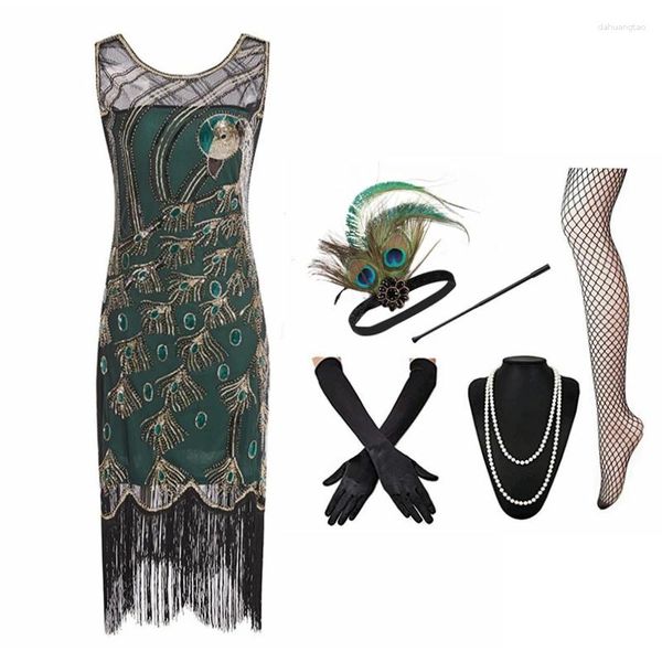 Robes décontractées des années 1920 Flapper Green Robe Great Gatsby Party Svenins Robe frangée avec ensemble d'accessoires 20S