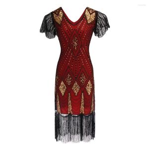 Casual jurken 1920s Noble Golden Patched Short Sleeve Flapper Dress V Neck Fringe Midi Party Costume Great Gatsby Women Bodycon Vestido