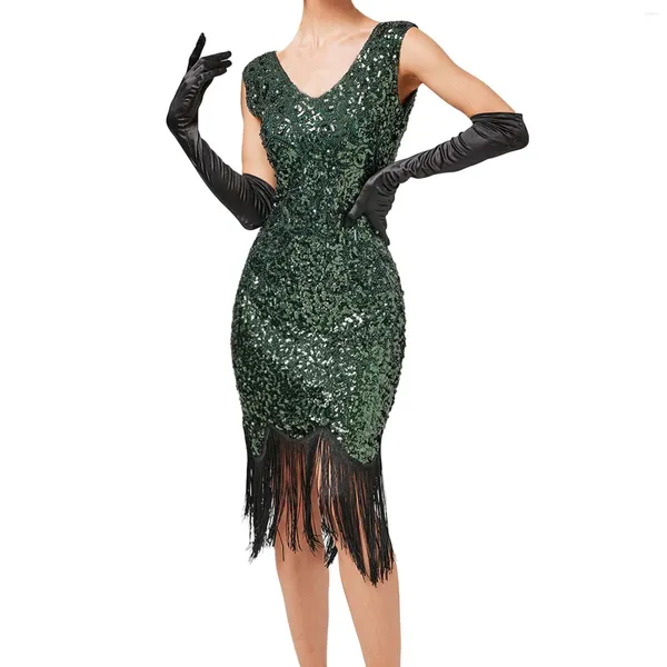 Robes décontractées 1920s Vintage Great Gatsby Party Robe Femmes Sexy Col V Sans Manches Perlée Paillettes Gland Danse Flapper Midi