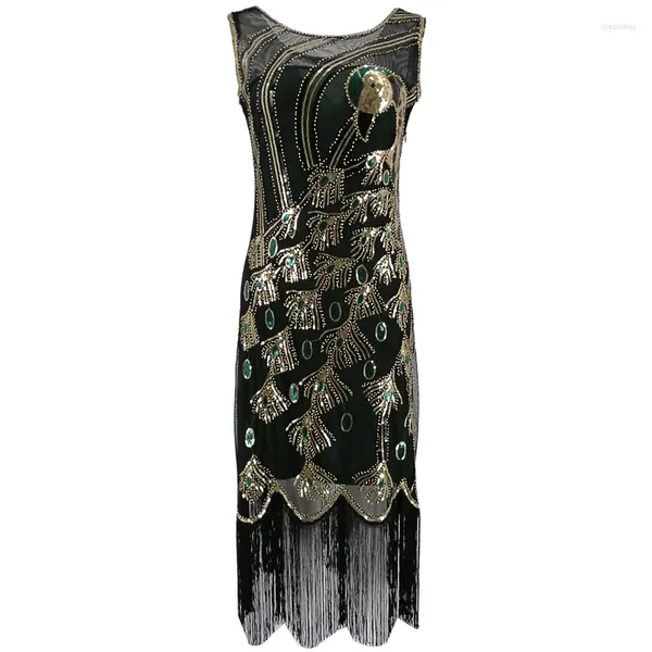 Vestidos informales 1920s Vintage Peacock Lentejuelas con flecos Fiesta Flapper Vestido O-cuello Roaring 20s Great Gatsby Gabster Disfraces Noche