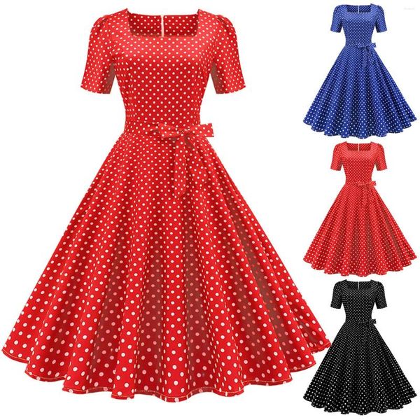 Robes décontractées 1950s Femmes Polka Dot Robe plissée Ceinture Bow Soirée Soirée Femme au foyer Fermeture à glissière à manches courtes Été pour élégant