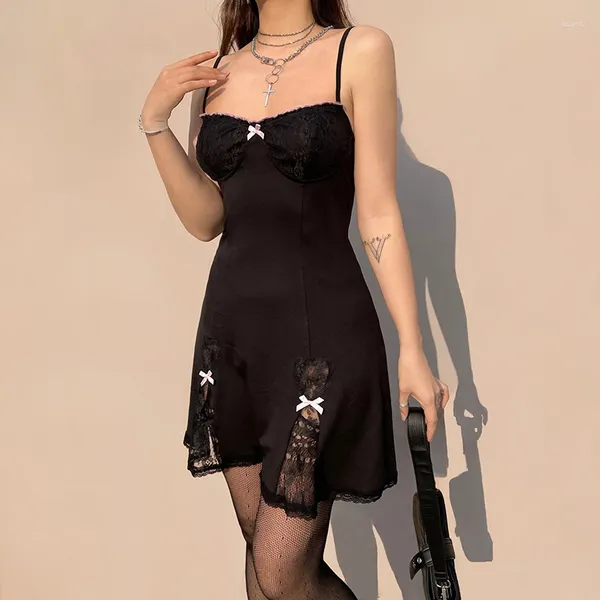 Vestidos casuales 2000s estéticos góticos ropa de moda streetwear mini vestido negro lindo dulce niña adornada manecilla v cuello con arco