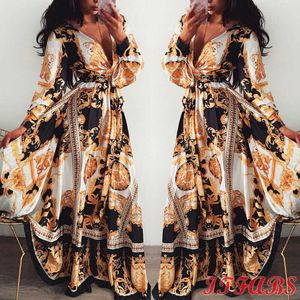 Casual jurken 2019 Women Floral Boho Wrap Summer V Neck Casual Prom Party Vintage Boho Maxi Dress Holiday Long Sleeve Evening Party S-XL P230505