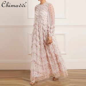 Robes décontractées 2021 Automne Femmes Vêtements Mode Col Rond Manches Longues Mesh Maxi Robe Imprimé Taille Haute Bulle Grande Balançoire Soirée