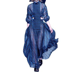 Robe à rayures bleues pour femmes, mode, manches longues, col haut, taille ajourée, ligne A, robes de soirée charmantes