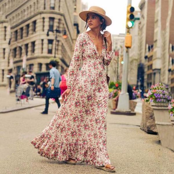 Vestidos casuales 2021 Bohemio Impreso Vestido largo Mujeres Floral Maxi Hippe Profundo Cuello en V Ruffle Chic Boho Ropa Rome Femme