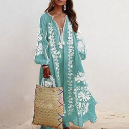 Casual Jurken 2021 Boho Egelant Damesjurk Lange Mouw V-hals Floral Printing Girls Maxi Sundress Tassel O-hals Losse Zomer