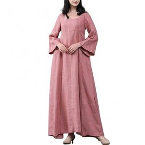 Robes décontractées 2021 Élégant Rétro Femmes À Manches Longues O Cou Couleur Unie Grand Ourlet Coton Lin Robe De Grande Taille