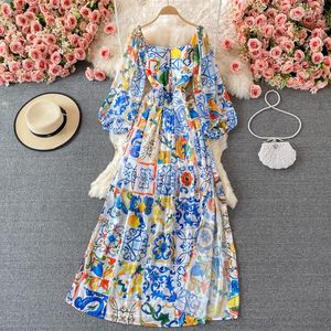 Vestidos casuales 2021 Diseñador de moda Boho Maxi Vestido de mujer Manga larga de linterna Azul y blanco Porcelana Estampado floral Fiesta