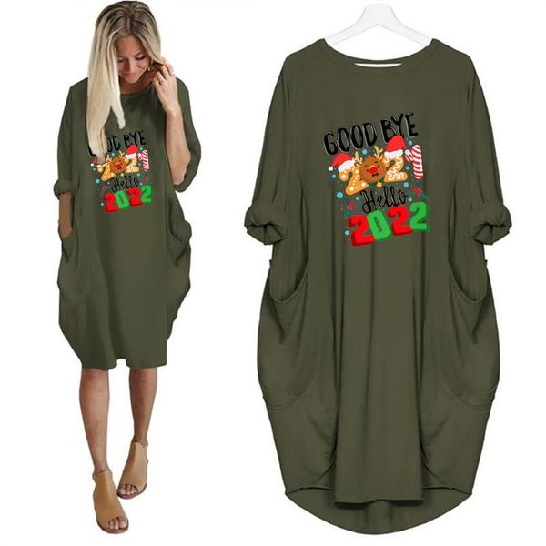 Vestidos casuales 2021 Moda Mujer Navidad Otoño / Invierno Falda larga Manga de bolsillo suelta Vestido estampado lindo