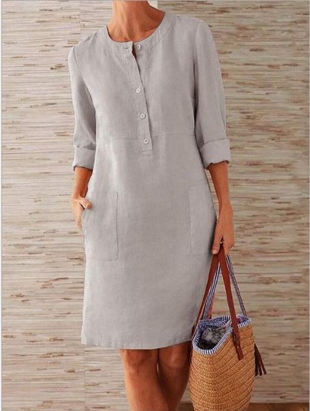 Vestidos informales 2021, vestido de cuello alto para mujer, vestido de mujer de algodón y lino con una botonadura, tejido de fibra Natural suelto de talla grande 5XL