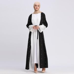 Vestidos informales 2021 Musulmán Blanco y negro Color a juego Lace Pearl Cardigan Robe Moda Sólido Cuello redondo Vestido de manga larga