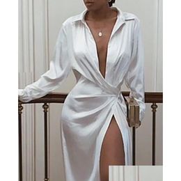 Robes décontractées 2021 Satin Soie Y Robe À Manches Longues Fête Femmes Night Club Doux Automne Solide Split Turn Down Drop Livraison Dhc0L