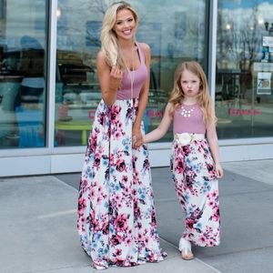 Casual Jurken 2021 Zomer Beach Patchwork Bloemen Lange Maxi voor Vrouwen Familie Moeder en Me Sexy Bakstenen Jurk Mama Meisjes Moeder Dochter