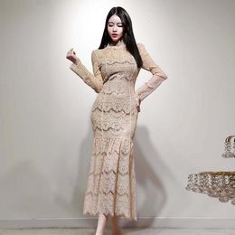 Casual Dresses 2021 The Autumn Women Lace Dress Long Sleeve O-Neck Vintage Fashion Elegant Korean Party Ladies Sexy Maxi Clothes