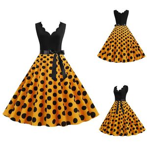 Robes décontractées 2021 Robes Plus Taille Polka Dot Summer Femmes Sans manches Pinup Sexy Col V Vintage Rockabilly Robe de soirée Swing