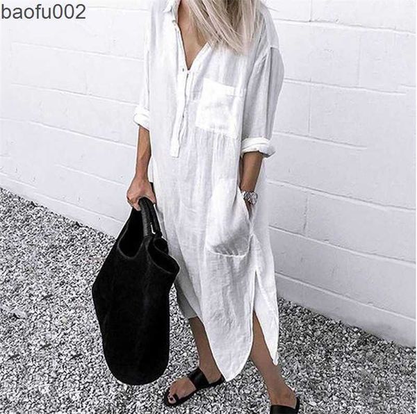 Robes décontractées 2022 automne coton robe femme blanc surdimensionné décontracté chemise longue robes femme nouvel été lâche mode plage dames vêtements W0315