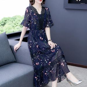 Casual jurken 2022 Blue Floral Chiffon Lace V-Neck Boho Midi Dress Women Korean Vintage Two-Pie Summer Bodycon Elegant Vestidos
