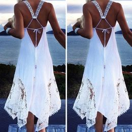 Robes décontractées 2022 Boho creux longue robe femmes dos nu licou plage blanc noir O cou sans manches Midi Vestidos dames 5XL