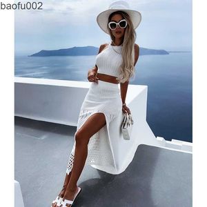 Robes décontractées 2022 Cover-up Tricots Sexy See Through Mesh Beach Cover Summer Camisole Blouse Long Jupe Two-Piece Set Hollow Out Robe W0315