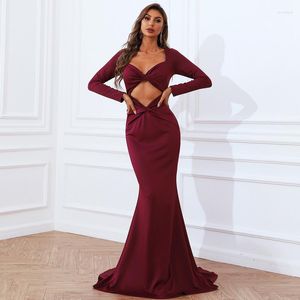 Casual jurken 2022 Uitgebracht Long Sleeve bodycon Maxi Dress Vestidos Dames Elegant Wine Red Party Sexy Hollow Club Outfits