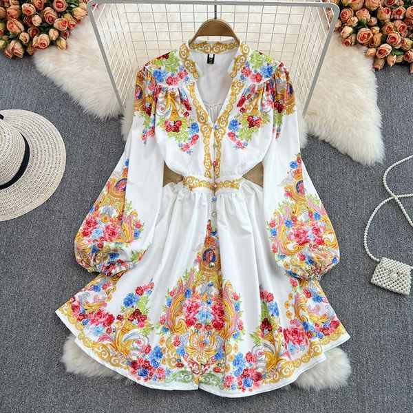 Vestidos casuales 2022 diseñador de moda primavera Sexy cuello pico vacaciones Mini vestido mujer manga larga linterna flor estampado Vintage fiesta