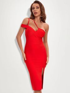 Casual jurken 2022 Fashion Women Long Dress bodycon hl Bandage Side Split Deep V Neck Spaghetti Strap Party Red Off Shoulder XL