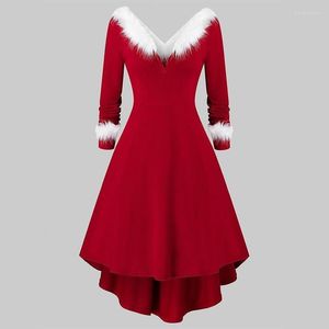 Robes décontractées 2022 haute qualité femmes mode noël col en v à manches longues irrégulière robe rouge noël velours père noël