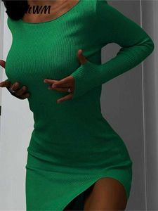 Robes décontractées 2022 nouveau vert dos nu tricoté pour les femmes Sexy à manches longues côté fendu femme élégant fête Club moulante Y2302