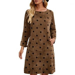 Casual Jurken 2022 Retro Corduroy Herfst Winter Solid Jurk O Neck Polka Dot Print Losse Mode Dames Lange Mouw