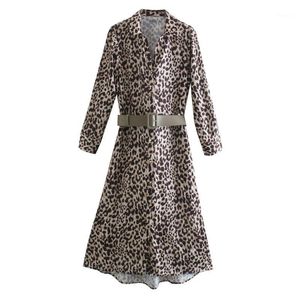 Casual jurken 2022 Spring herfst mode v-neck hoge taille lange mouw luipaard a-line streetwear tide vrouwen kleden los c486
