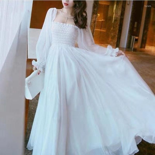 Vestidos casuales 2022 Primavera Verano Elegante Vacaciones Maxi para mujeres Puff Manga Slash Cuello Off Hombro Smocked White Chiffon