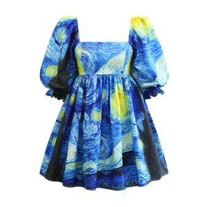 Robes décontractées 2022 Printemps Été Nouvelle Fleur Français Van Gogh Robe Imprimée Manches Bulles Rétro Robe Douce Femmes Lâche Courte Femmes Robe G230322