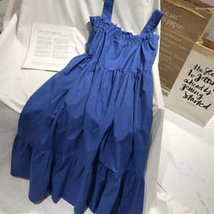 Casual jurken 2022 zomer boho jurk sexy ruches mouwloze vrouwen blauw lang elegante pure kleur katoen maxi vestidos