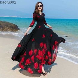Casual jurken 2022 Zomer Nieuwe sexy Koreaanse versie V-Neck geprint Chiffon Dress Women Taille Length Temperament Big Swing Thin Beach Lange rok W0315